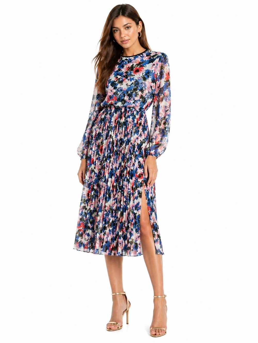 NWT $390 MISA Los Angeles Juliana Pleated Midi Dress Floral Long Sleeve Slit S